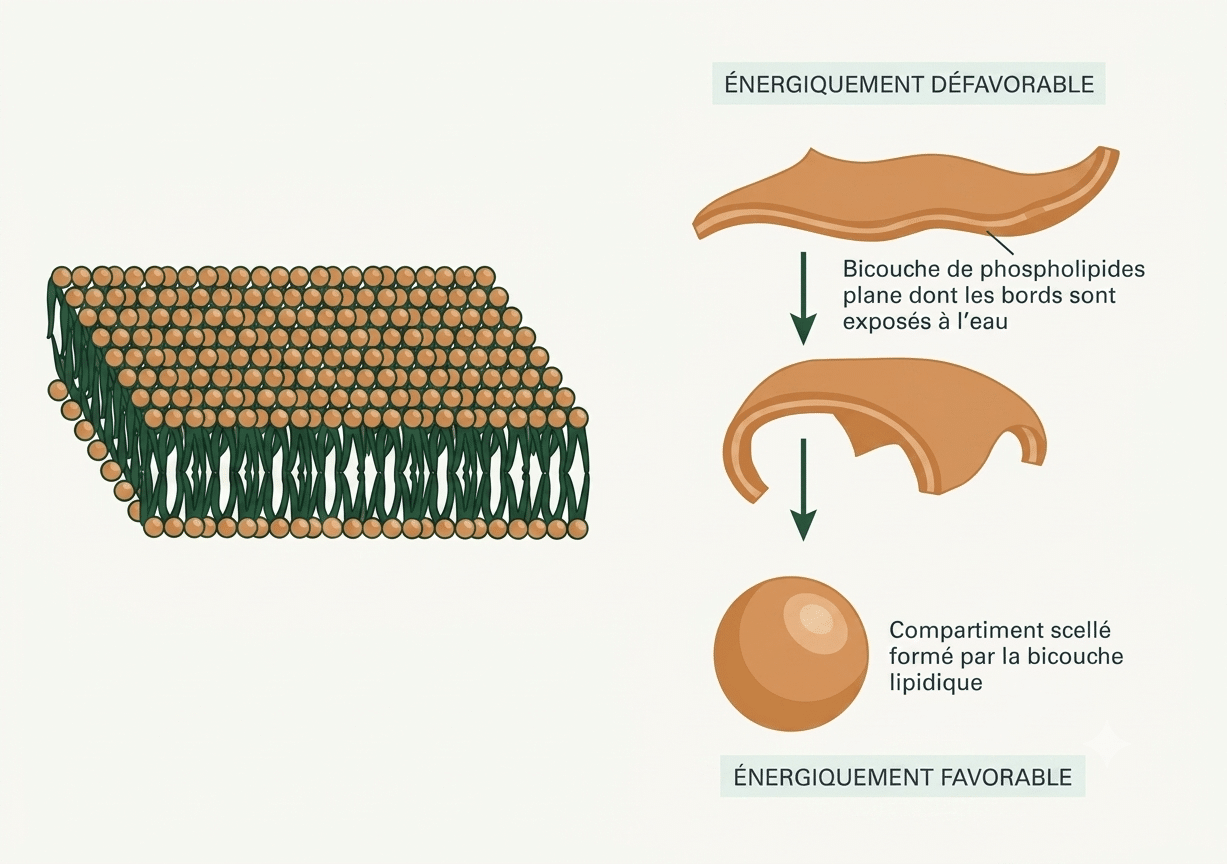 Auto-organisation des molécules amphiphiles en bicouche lipidique puis en vésicule sphérique délimitant un compartiment