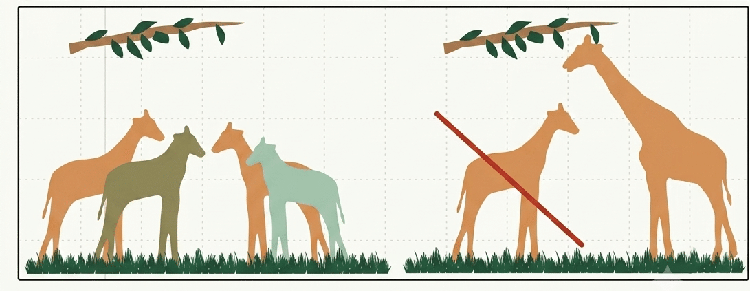 Mécanisme de Darwin illustré par la girafe : variabilité des cous dans la population, sélection naturelle des cous longs et transmission sur les générations