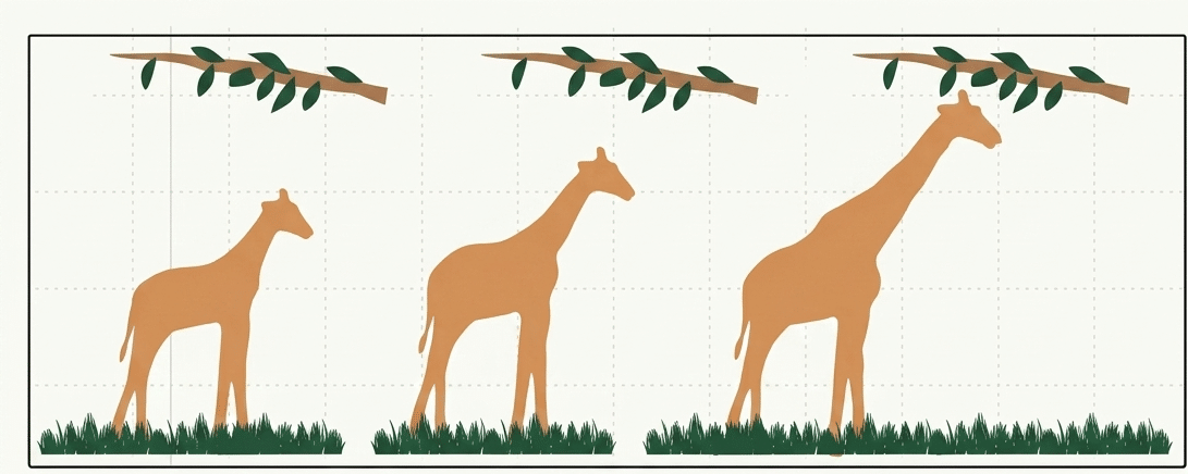 Mécanisme de Lamarck illustré par la girafe : usage de l'organe, allongement du cou au cours de la vie et transmission du caractère acquis à la descendance
