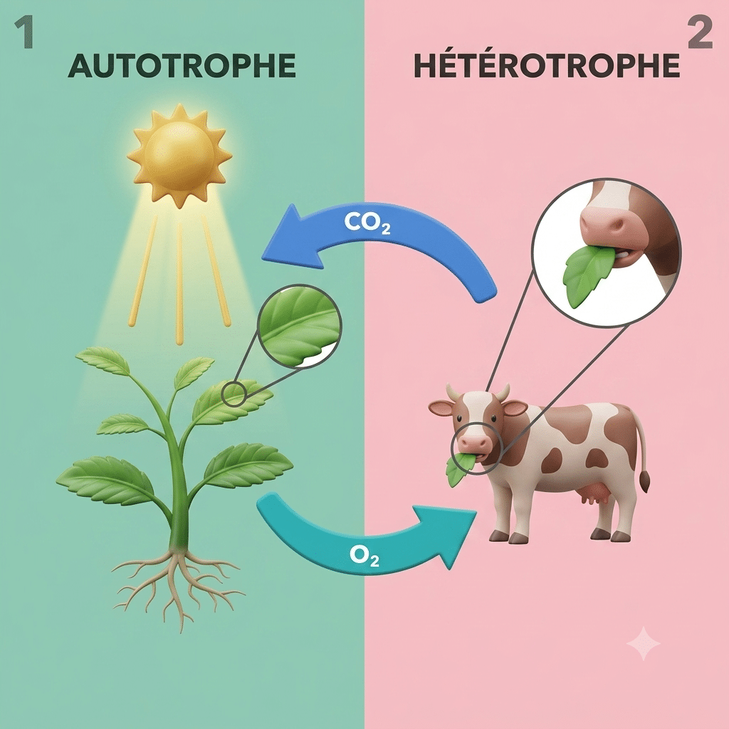 Schéma comparant un organisme autotrophe, qui synthétise sa matière organique à partir d'éléments minéraux, et un organisme hétérotrophe, qui prélève sa matière organique déjà constituée dans son milieu