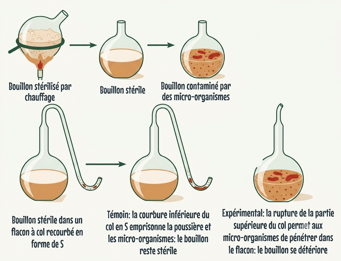 Expérience de Pasteur : un bouillon dans un ballon à col de cygne reste stérile, mais se trouble dès que le col est brisé, réfutant la génération spontanée