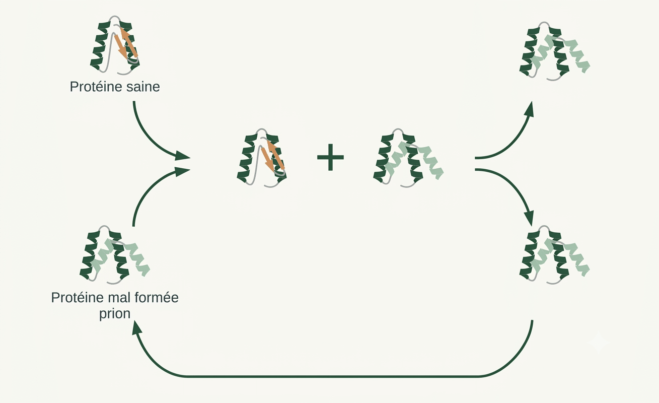 Mécanisme du prion : une protéine mal repliée convertit les protéines normales voisines, propagation sans acide nucléique