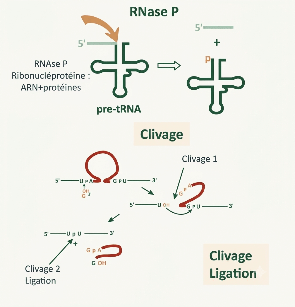 Action de la RNase P, un ribozyme, qui clive le précurseur d'un ARN de transfert pour produire un ARNt mature