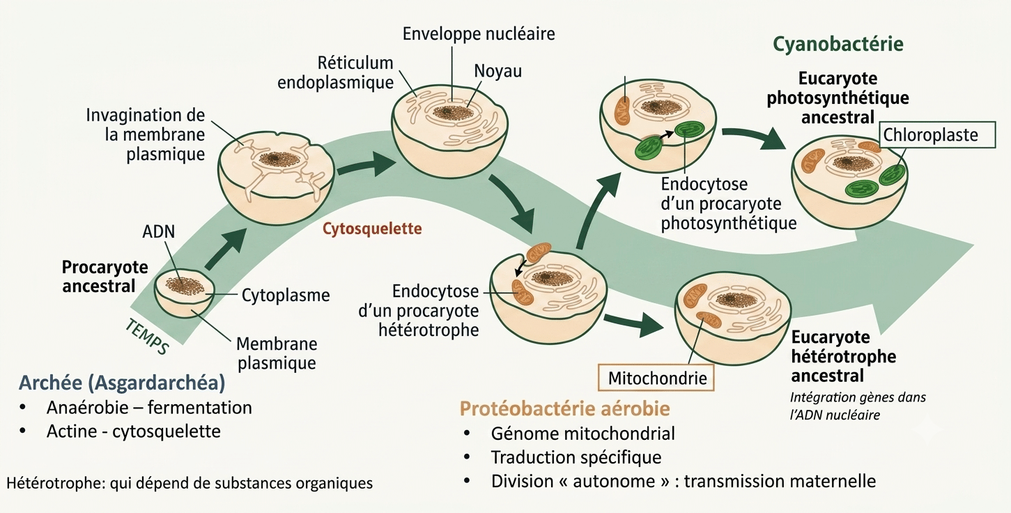 Théorie endosymbiotique : intégration d'une protéobactérie aérobie devenant mitochondrie et d'une cyanobactérie devenant chloroplaste, à l'origine de la cellule eucaryote
