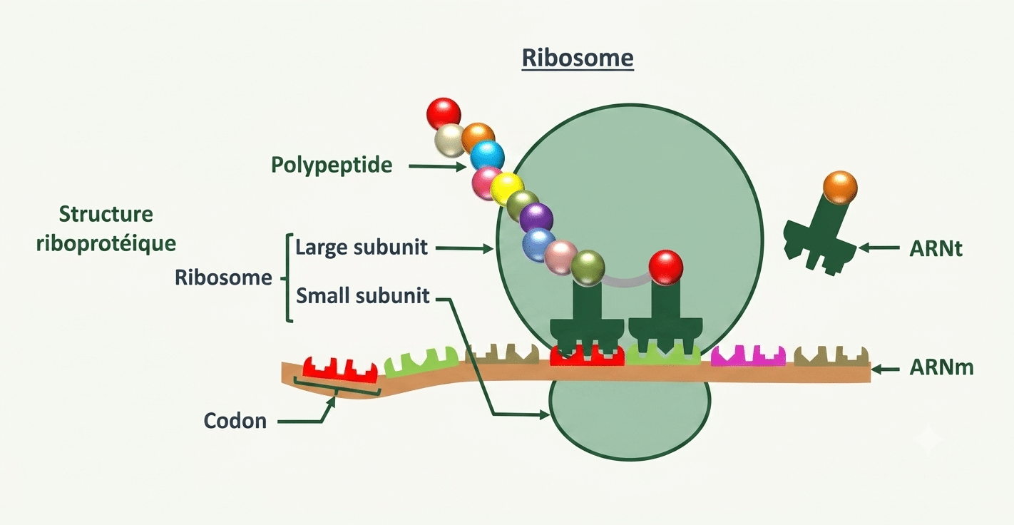 Schéma de la traduction : le ribosome lit l'ARN messager codon par codon, les ARN de transfert apportent les acides aminés et la protéine se forme