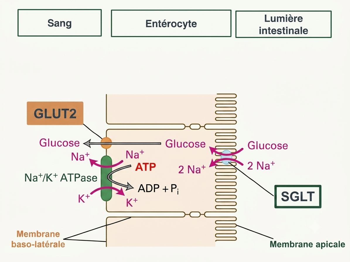 Absorption intestinale du glucose : SGLT1 et GLUT2 dans l'entérocyte polarisé