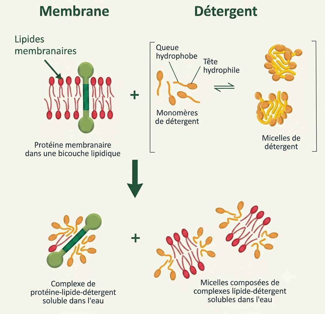 Les détergents amphiphiles solubilisent la membrane et entourent les protéines