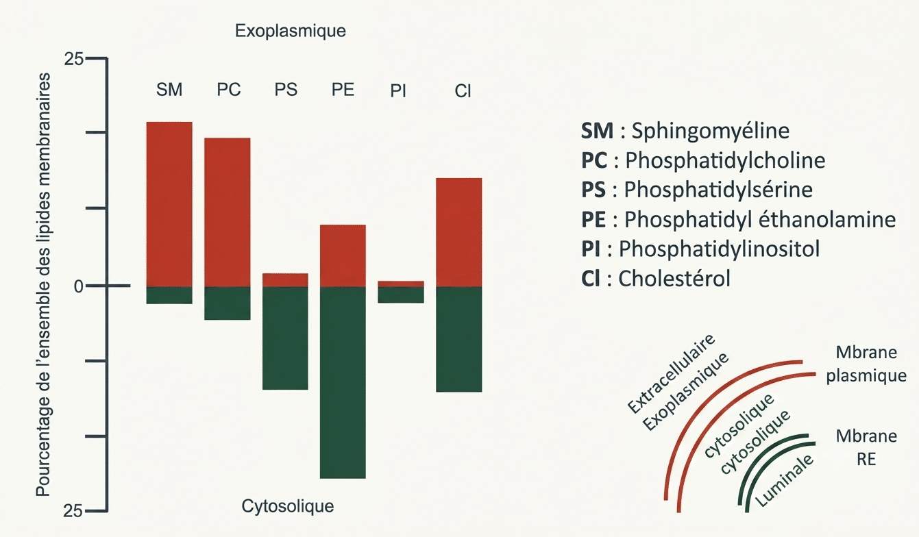 Répartition asymétrique des phospholipides entre les deux feuillets de la membrane