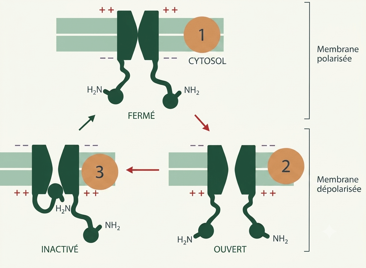 Canal ionique sodium voltage-dépendant : conformations fermée, ouverte et inactivée