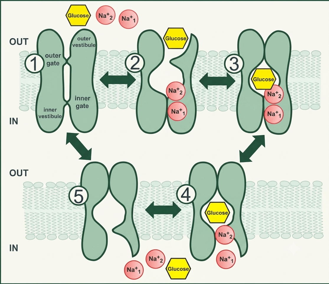 Co-transporteur sodium-glucose SGLT1 : symport Na⁺/glucose contre le gradient de glucose