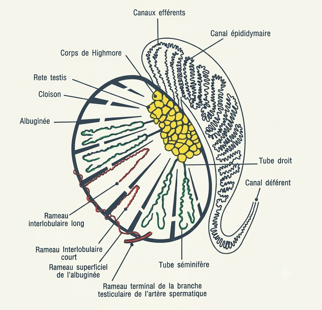 Coupe du testicule : albuginée, lobules, tubes séminifères, corps de Highmore et rete testis