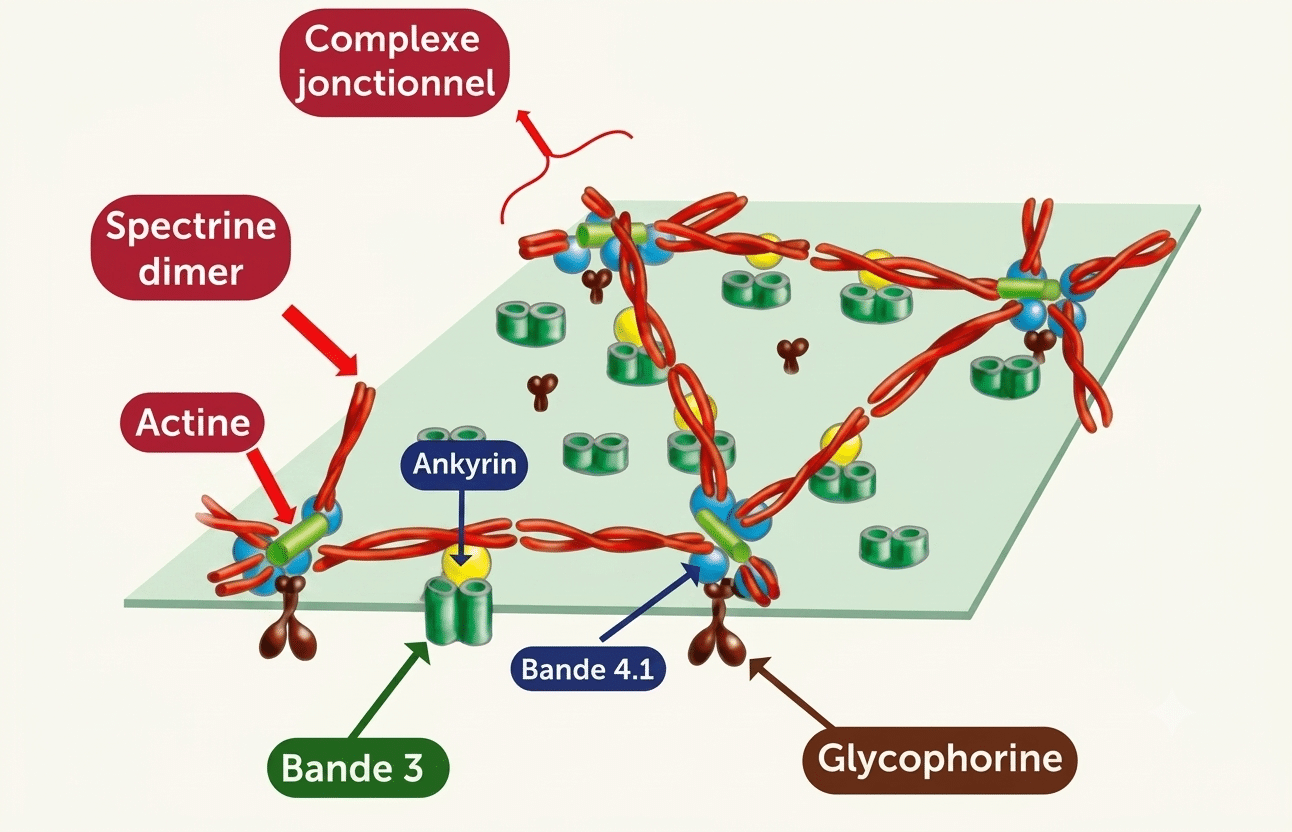 Squelette sous-membranaire du globule rouge : spectrine, actine, ankyrine, bande 4.1 (face cytosolique)