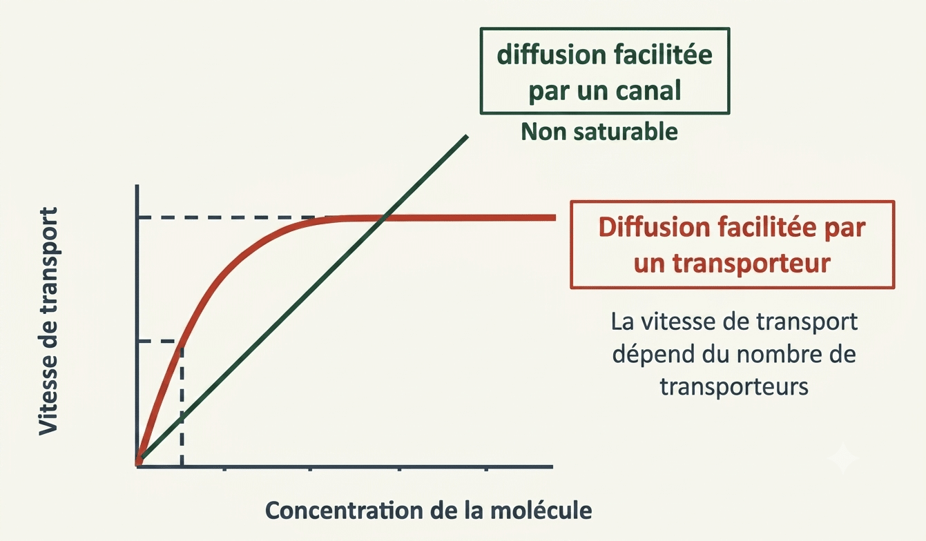 Diffusion simple (linéaire, non saturable) versus transport par transporteur (saturable, plateau)