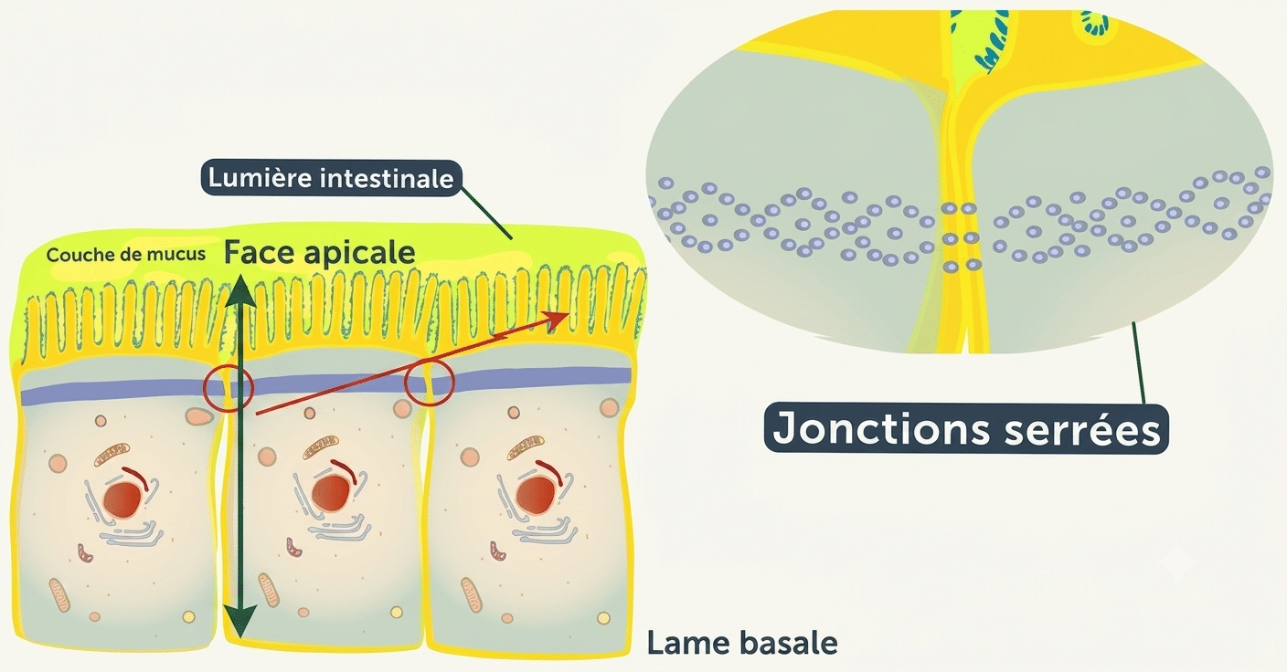 Jonctions serrées délimitant les pôles apical et baso-latéral de l'entérocyte