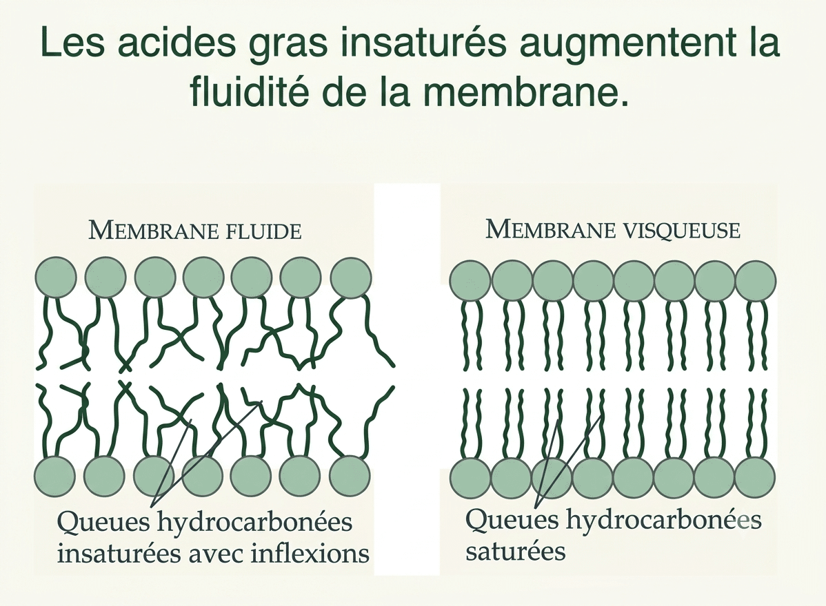 Fluidité de la membrane : acides gras saturés (rigide) et insaturés (coude, fluide)