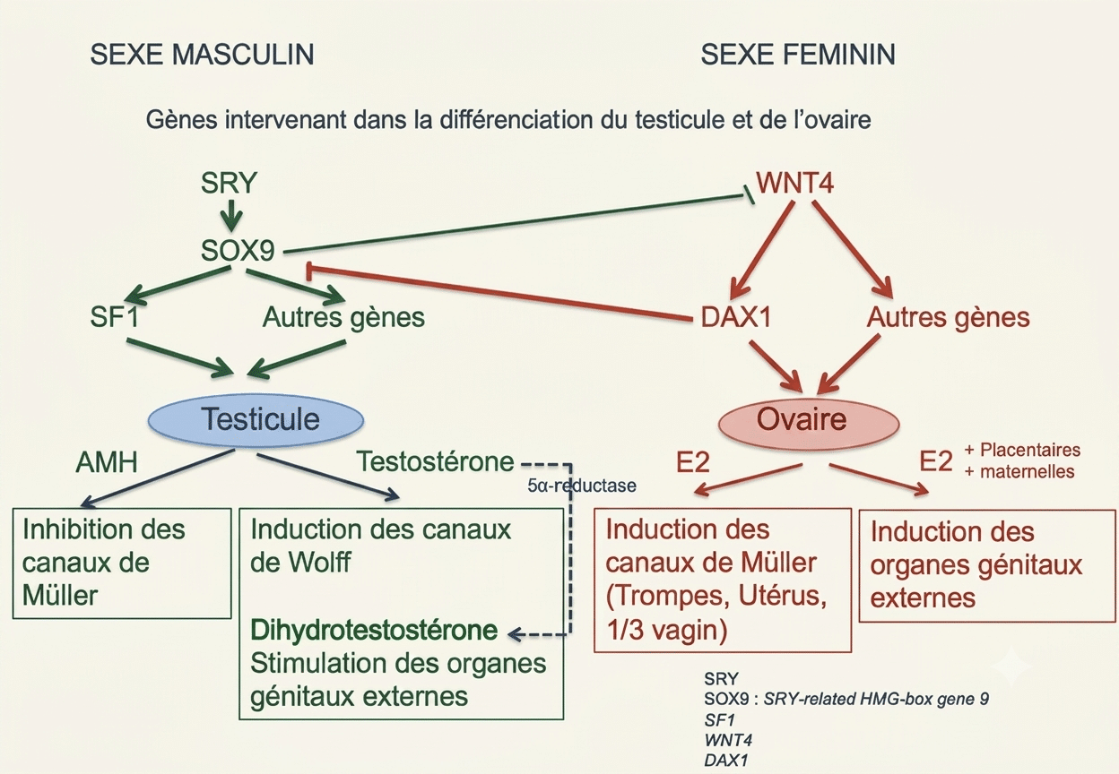Gènes intervenant dans la différenciation du testicule et de l'ovaire : SRY active SOX9 qui réprime WNT4 et oriente vers le testicule