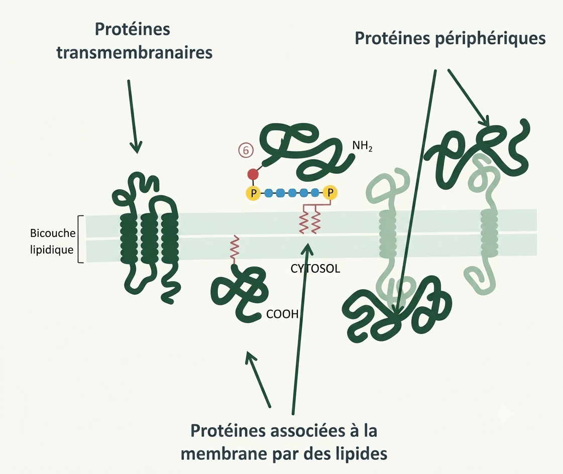 Les trois types d'association des protéines à la membrane : transmembranaires, périphériques, à ancrage lipidique