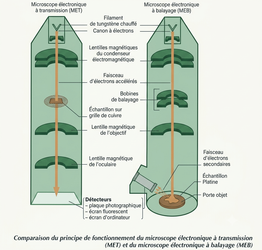 Comparaison du microscope électronique à transmission (structure interne) et à balayage (surface en relief)