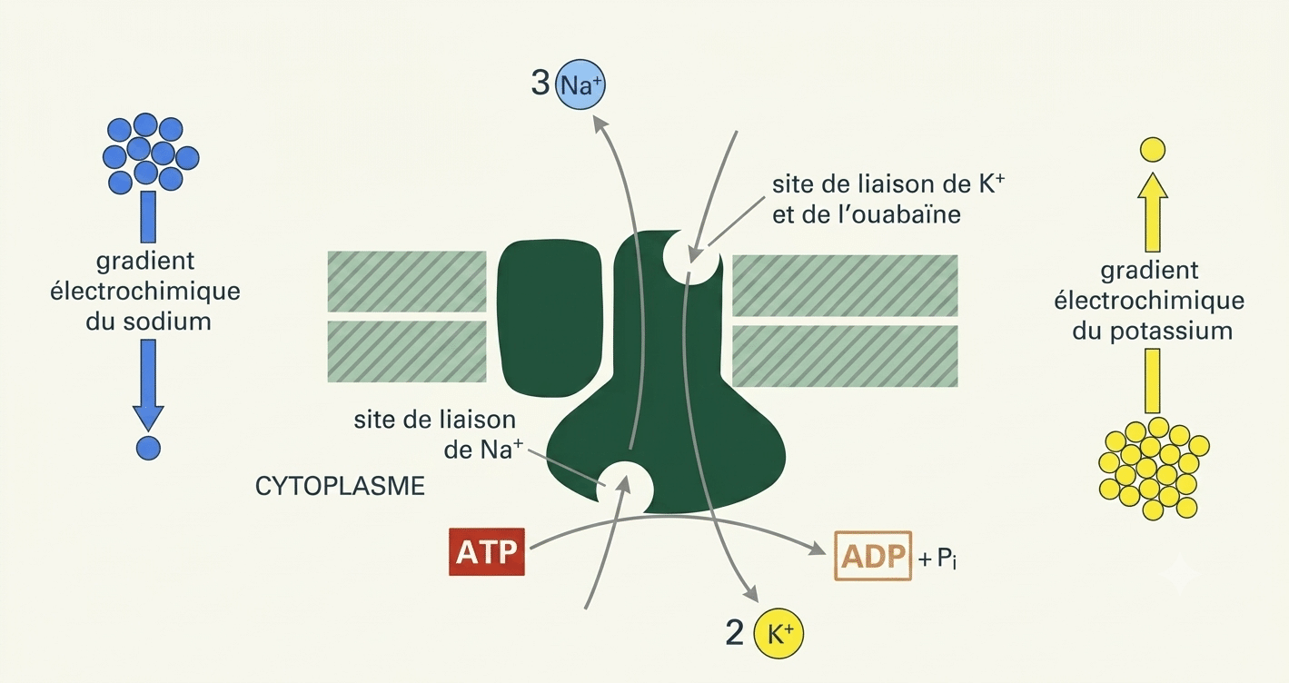 Pompe Na/K ATPase : 3 Na⁺ sortants, 2 K⁺ entrants, 1 ATP consommé