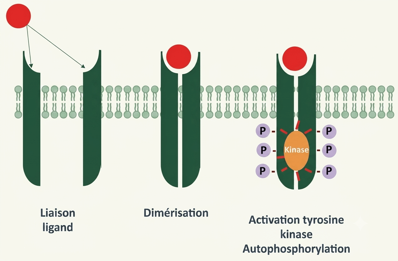 Récepteur tyrosine kinase : dimérisation, autophosphorylation et cascade de signalisation