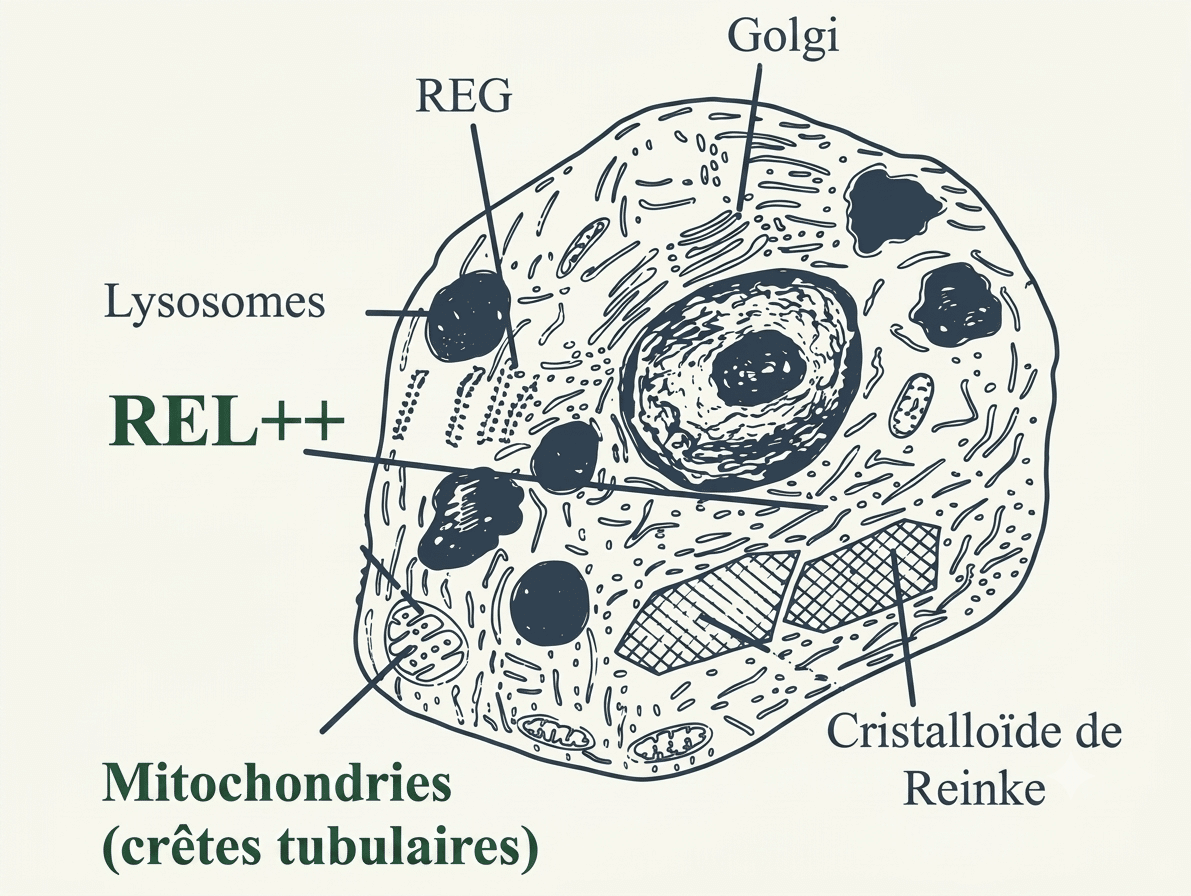 Cellule de Leydig stéroïdogène : REL développé, mitochondries à crêtes tubulaires, cristalloïdes de Reinke