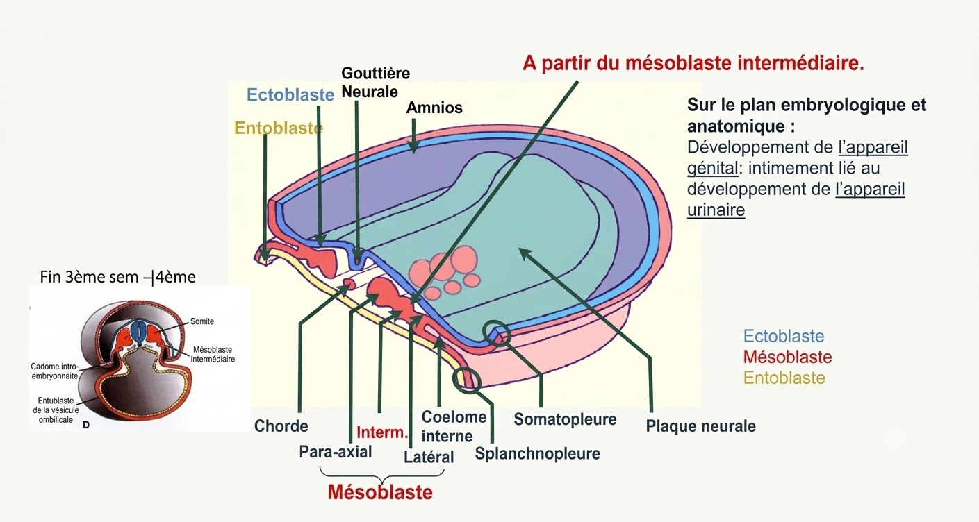 Coupe transversale d'un embryon à la 3e semaine : trois feuillets et segmentation du mésoblaste en territoires para-axial, intermédiaire et latéral