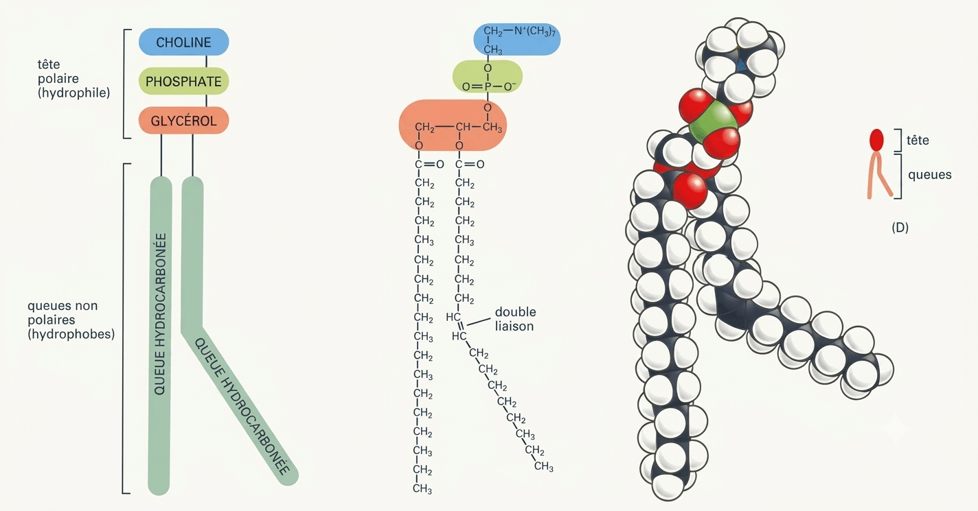 Structure d'un phospholipide amphiphile : tête hydrophile et queues hydrophobes