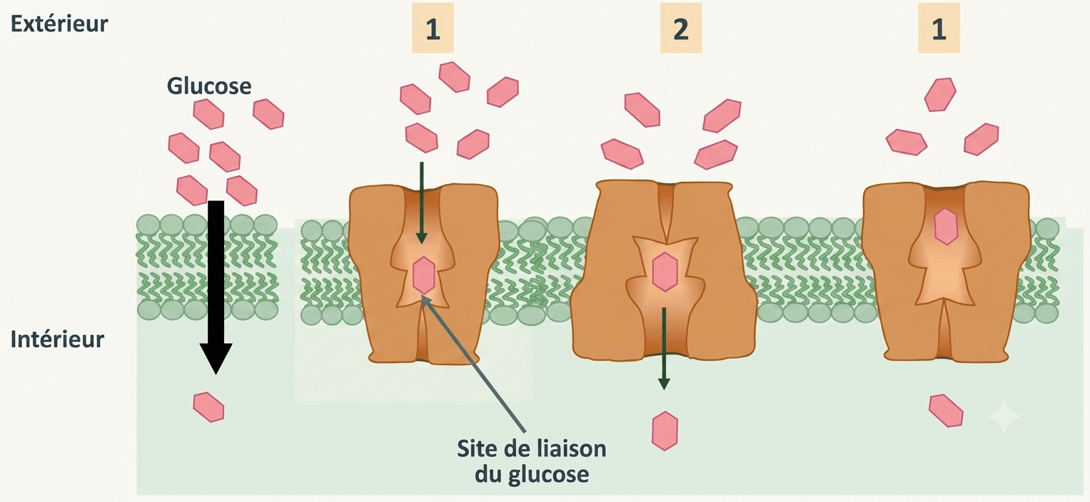 Transporteur GLUT du glucose : oscillation entre deux conformations selon le gradient