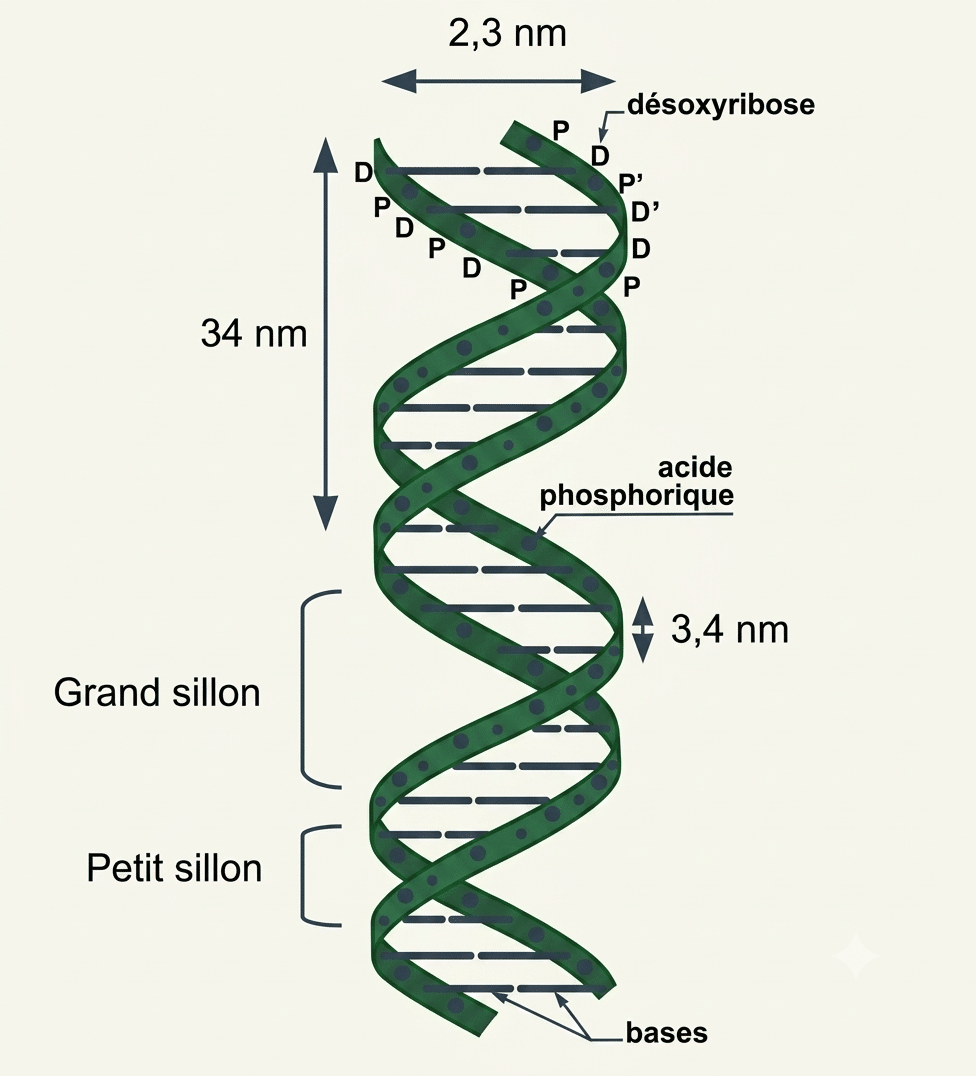 Dimensions de la double hélice d'ADN : pas de l'hélice, grand sillon et petit sillon