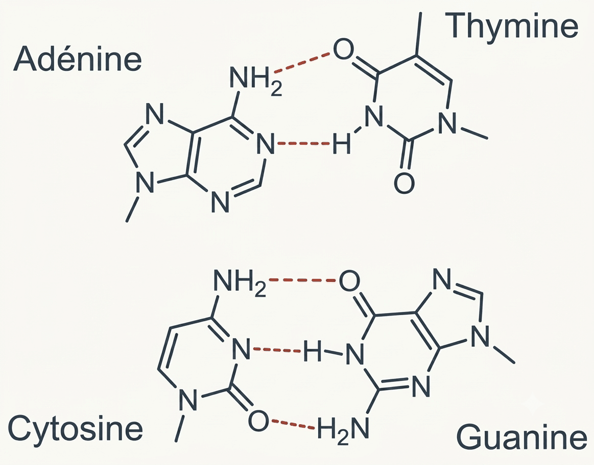 Appariements de bases de l'ADN : A-T (2 liaisons hydrogène) et G-C (3 liaisons hydrogène)
