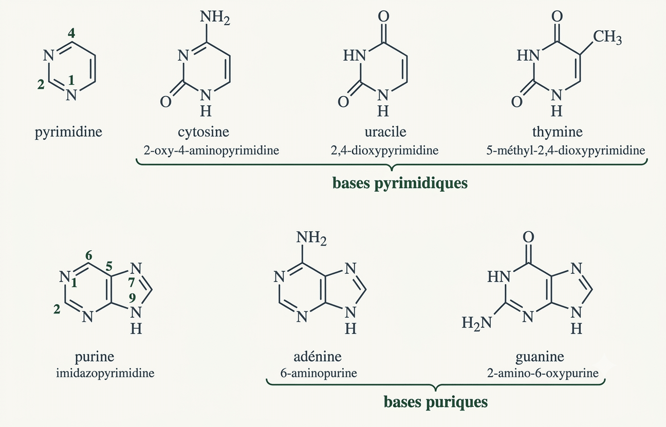 Bases azotées puriques (adénine, guanine) et pyrimidiques (cytosine, thymine, uracile)