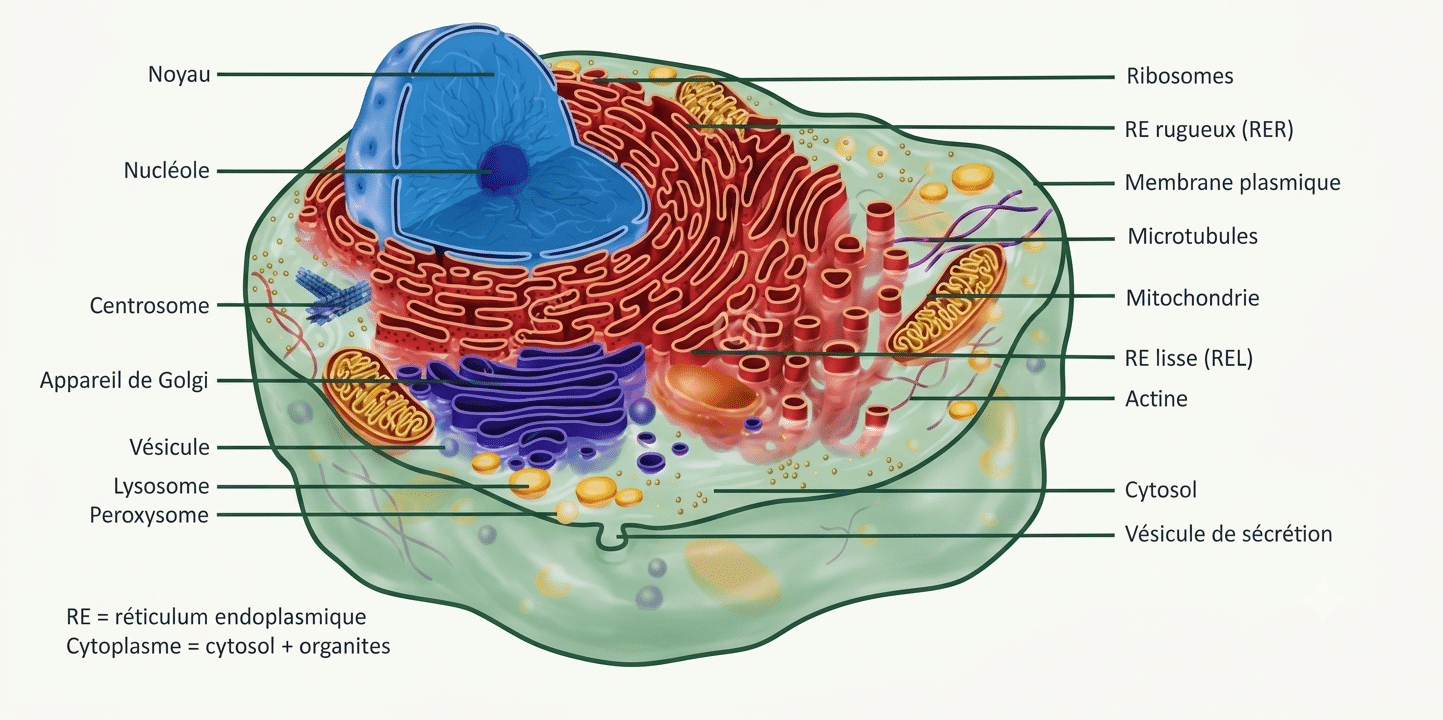 Schéma annoté d'une cellule eucaryote animale : noyau, membrane plasmique et principaux organites (réticulum, Golgi, mitochondries, lysosomes)