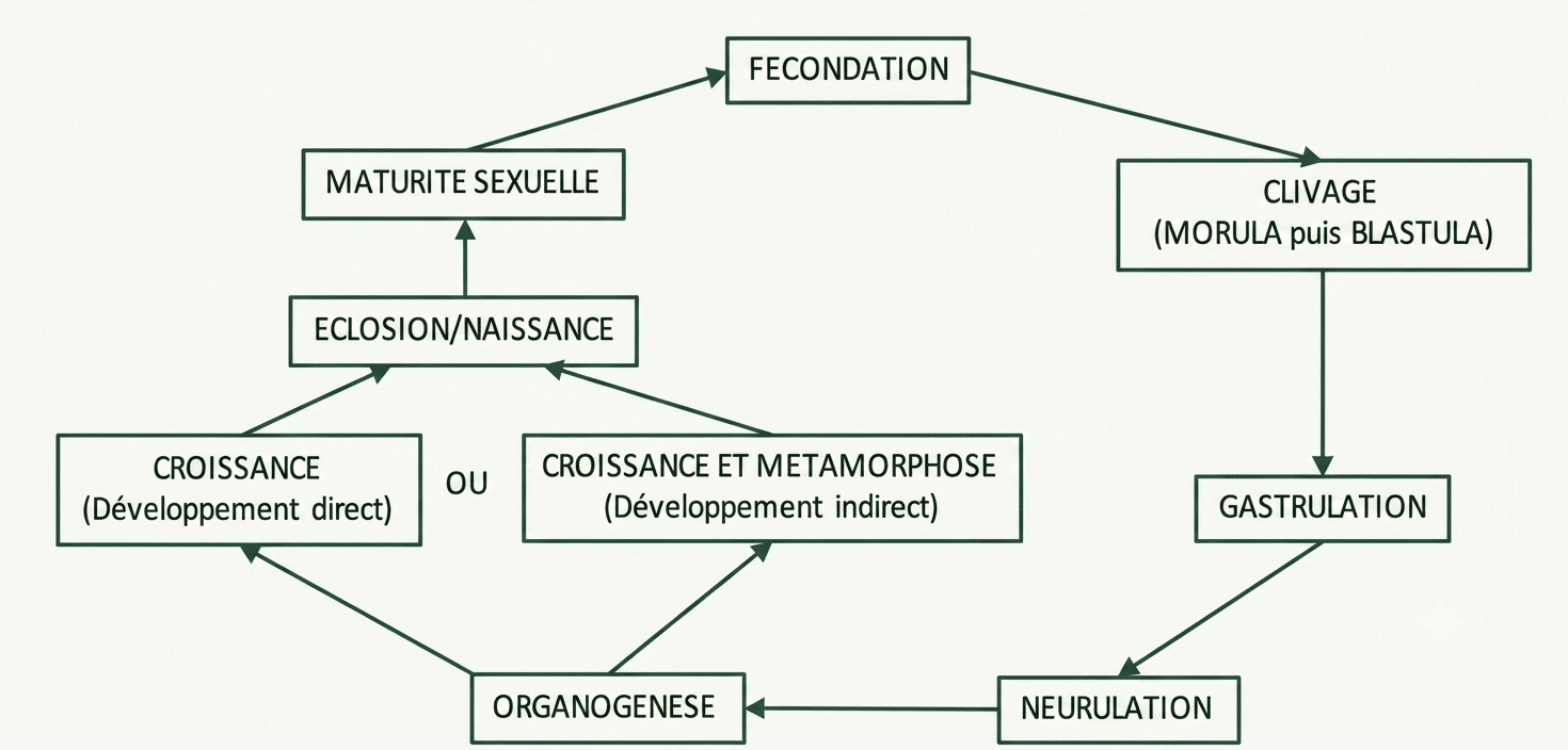 Schéma circulaire du cycle de développement : fécondation, clivage, gastrulation, neurulation, organogenèse, croissance, naissance et maturité sexuelle
