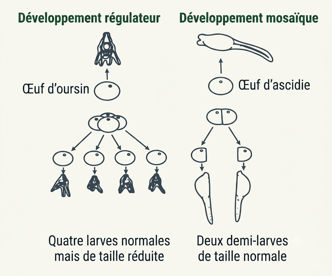 Comparaison des expériences de Chabry sur l'ascidie (développement mosaïque) et de Driesch sur l'oursin (développement à régulations)