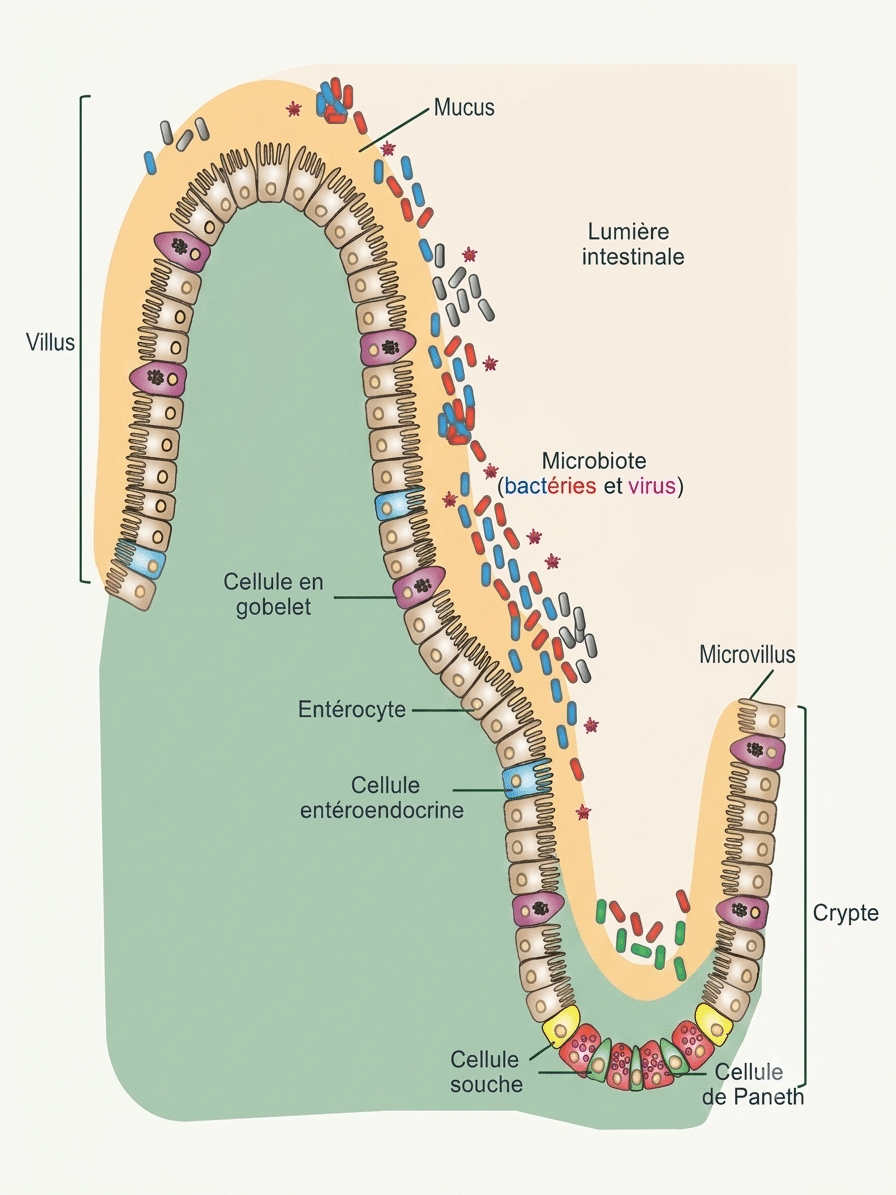Épithélium intestinal : cellules souches au fond de la crypte se différenciant en entérocytes, cellules caliciformes, entéro-endocrines et de Paneth le long de la villosité