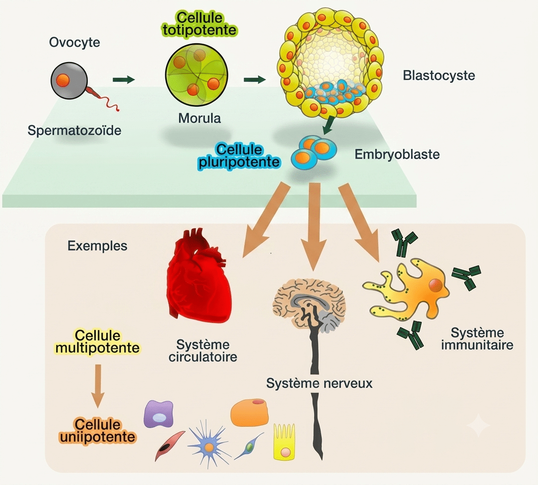 Schéma du passage du zygote unique à un organisme composé de centaines de types cellulaires par prolifération et différenciation