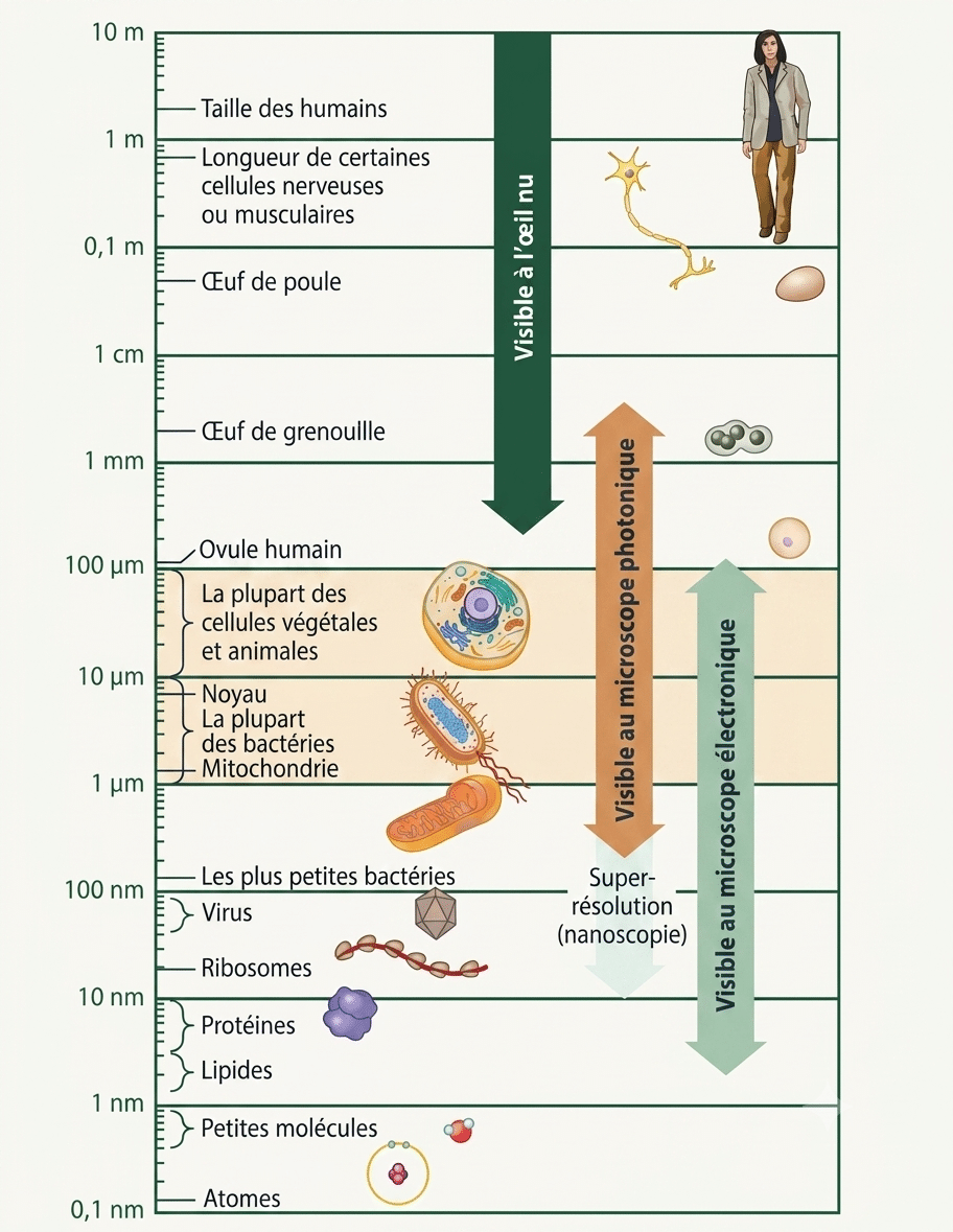 Échelle des tailles du vivant et domaines de résolution du microscope photonique et du microscope électronique