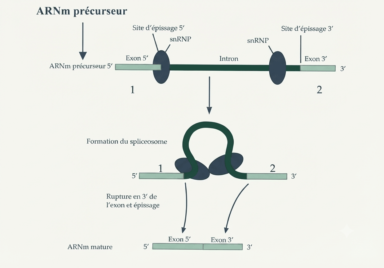Épissage de l'ARN : élimination des introns et raccordement des exons par le spliceosome