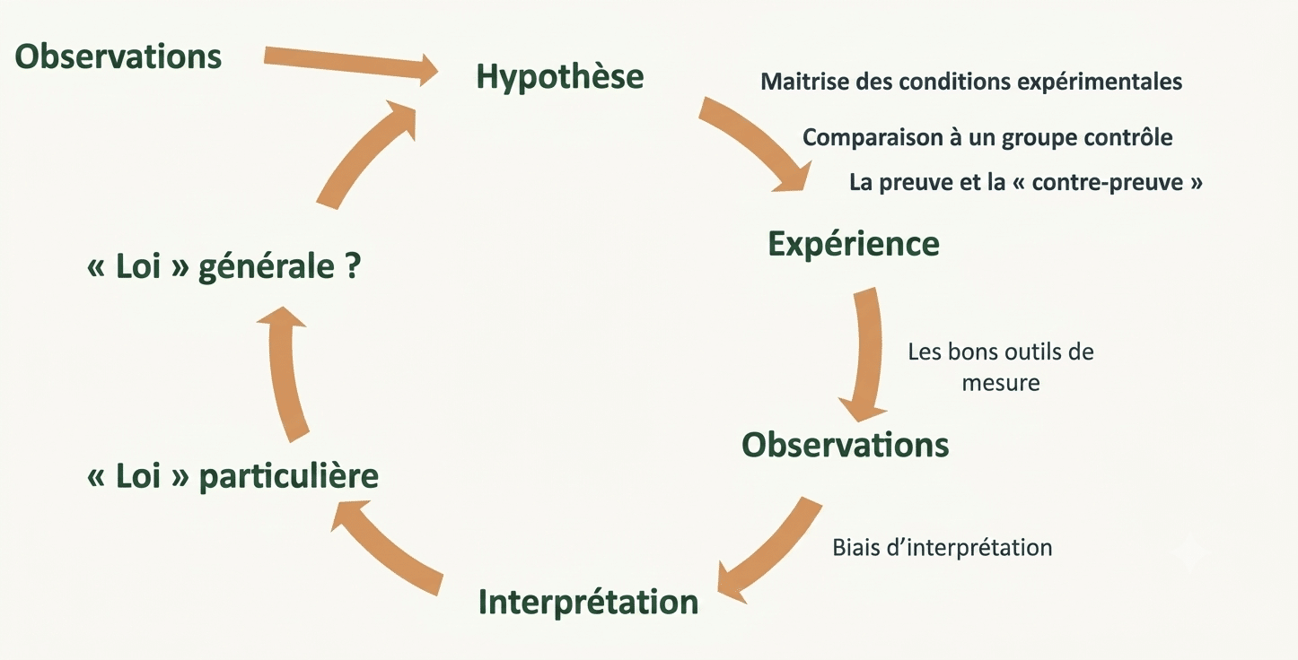 Cycle de la démarche expérimentale de Claude Bernard : observation, hypothèse, expérience, interprétation, loi particulière puis générale