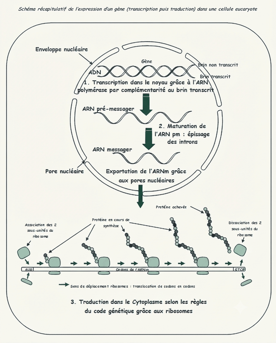 Expression d'un gène : transcription dans le noyau puis traduction dans le cytoplasme (cellule eucaryote)
