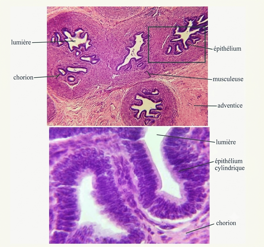 Vésicule séminale au microscope optique : muqueuse très plissée en réseau, épithélium prismatique simple bordant de nombreuses cavités