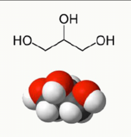 Glycérol représenté en formule et en modèle moléculaire, avec ses trois fonctions alcool