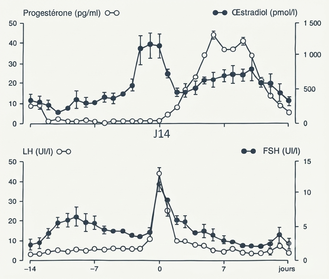 Évolution des hormones du cycle : FSH, LH, œstradiol et progestérone