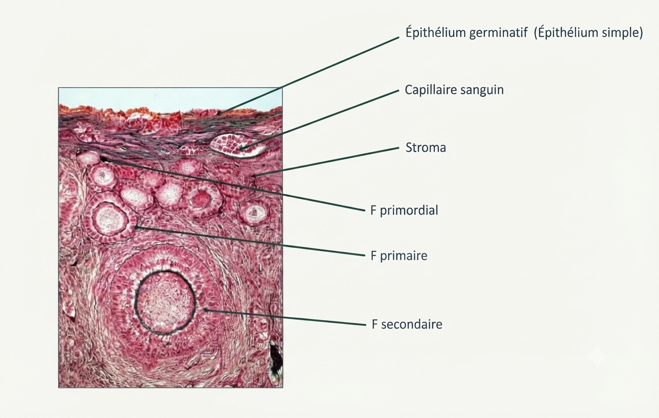 Histologie de la corticale ovarienne : épithélium de surface et follicules à différents stades