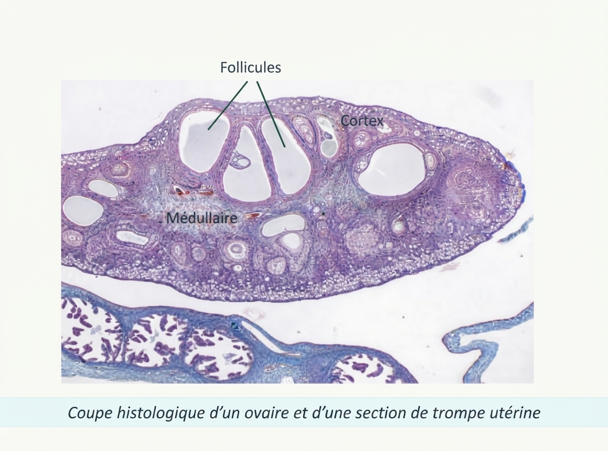 Histologie d'une coupe d'ovaire : follicules à différents stades et section de trompe utérine