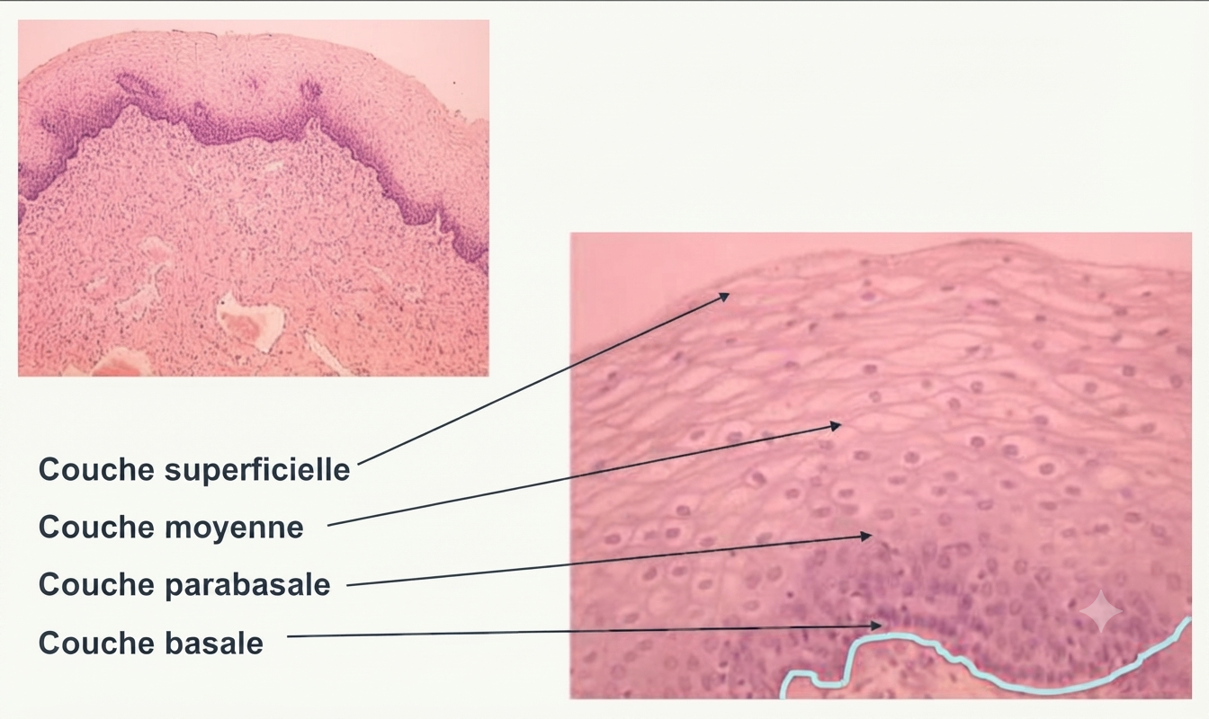 Muqueuse vaginale : épithélium malpighien non kératinisé en quatre couches