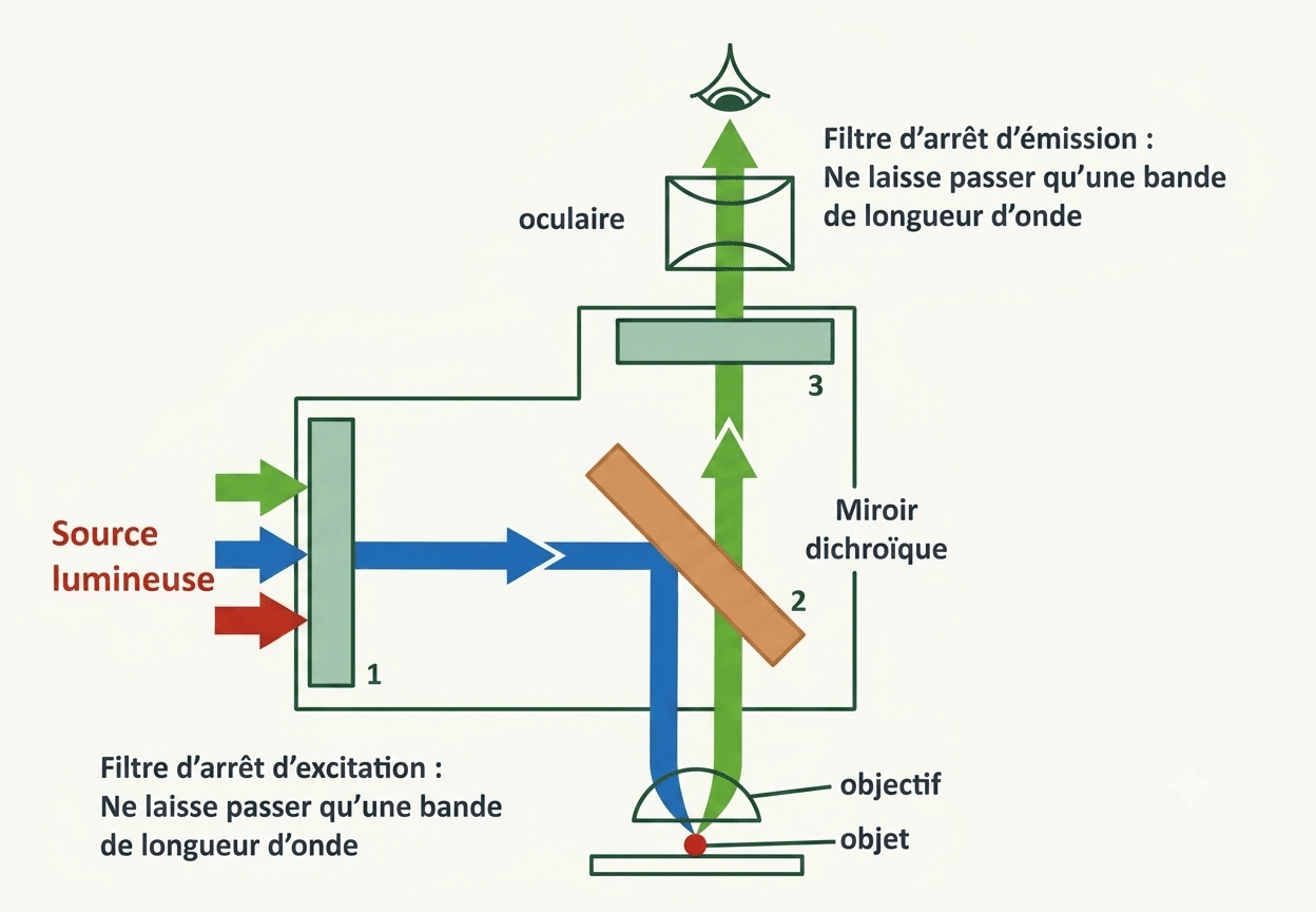 Principe de la microscopie à fluorescence : excitation d'un fluorochrome et collecte de la lumière émise via un miroir dichroïque