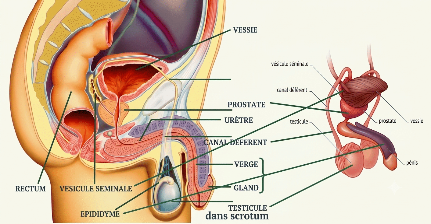 Schéma de l'appareil génital masculin : testicules, voies excrétrices, glandes annexes et pénis
