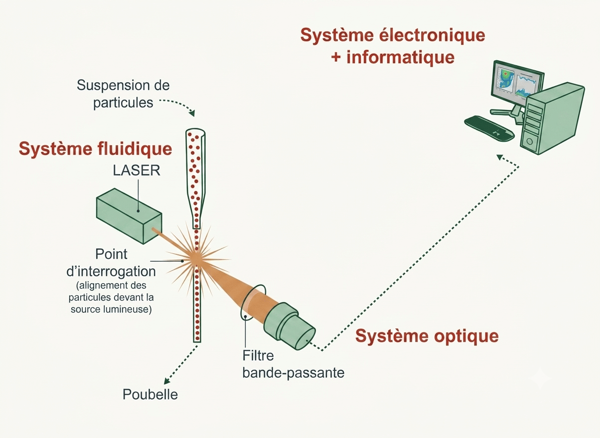 Principe du cytomètre en flux : alignement des cellules, passage devant un laser, mesure de la diffusion (FSC, SSC) et de la fluorescence