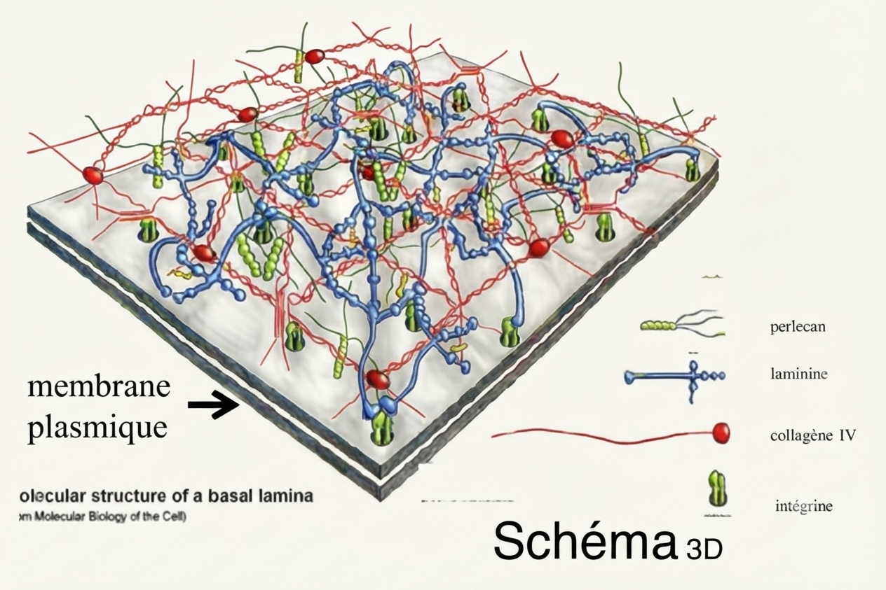 Organisation moléculaire tridimensionnelle de la membrane basale : collagène IV, laminine et intégrines